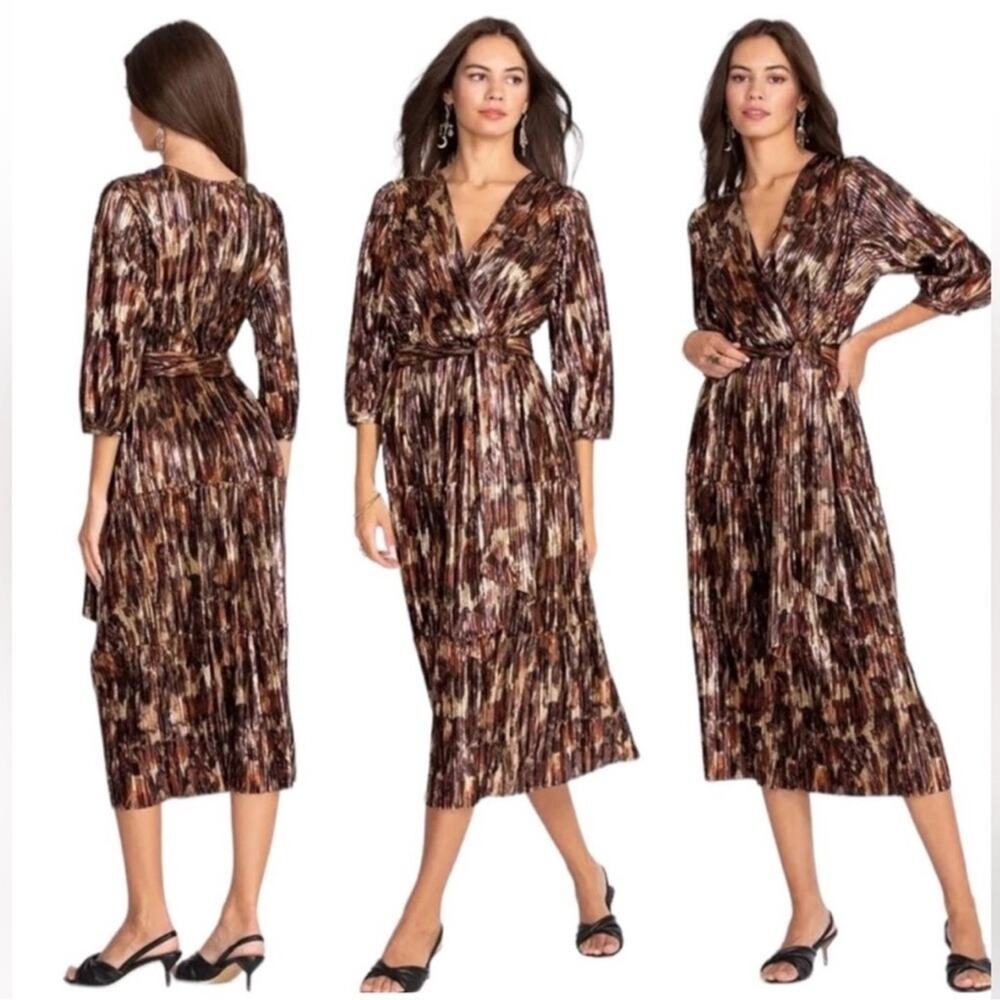 Johnny Was Jade Women’s Tina Metallic Floral Tie Waist Wrap Midi Dress Size 1X